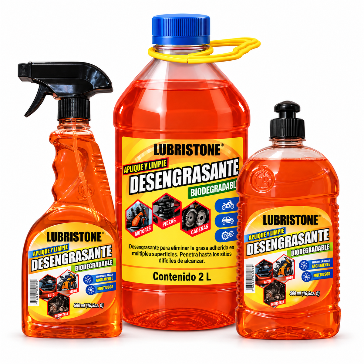 Desengrasante Multiusos Naranja Lubristone: 500 ml con spray, 500 ml con tapa push y 2 litros; venta por unidad.