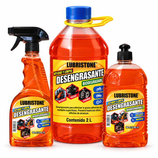 Desengrasante Multiusos Naranja Lubristone: 500 ml con spray, 500 ml con tapa push y 2 litros; venta por unidad.