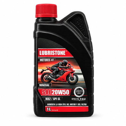 Aceite Moto Mineral SAE 20W50 Lubristone, envase de 1 litro.